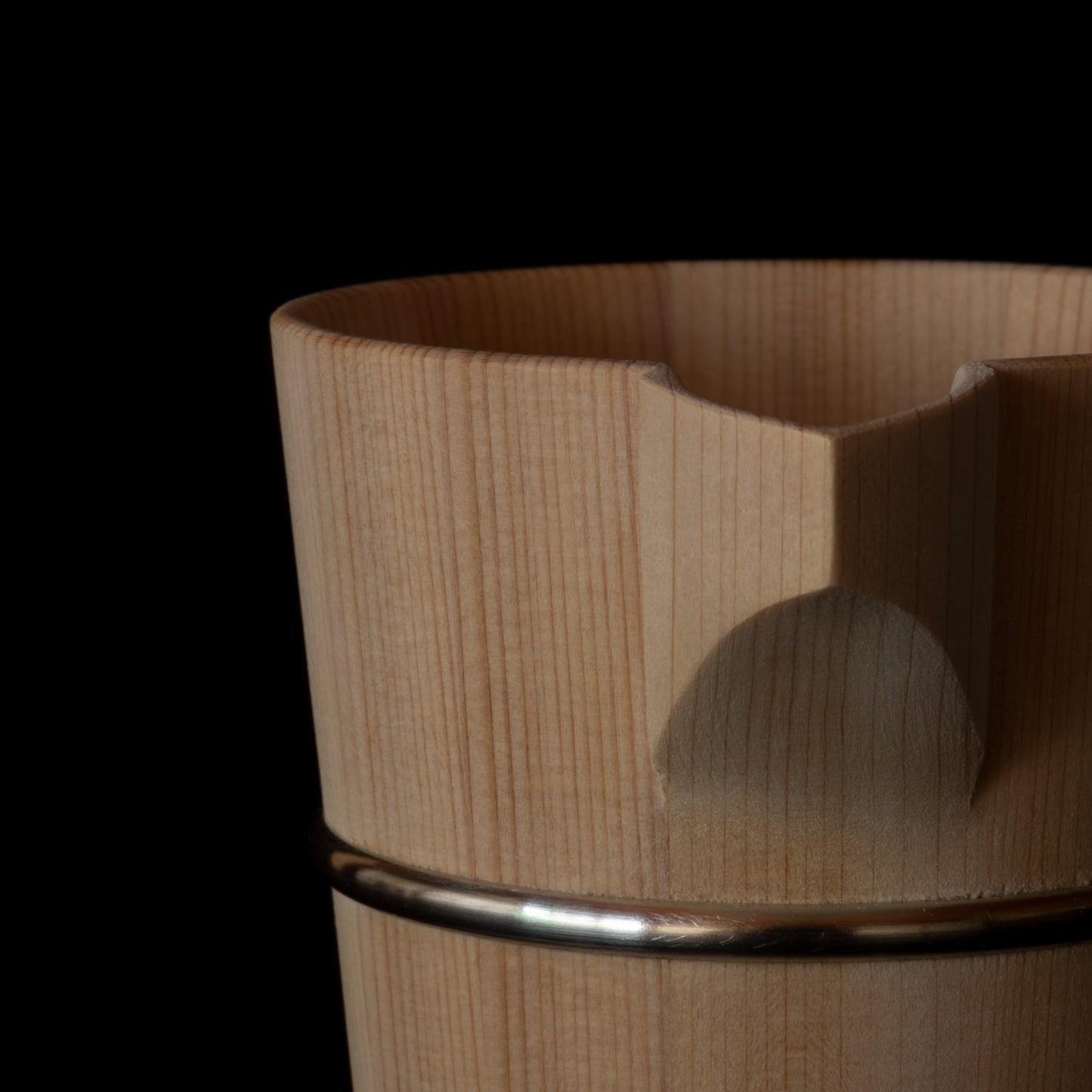 Detail of pouring spout of wooden Hinoki sake carafe