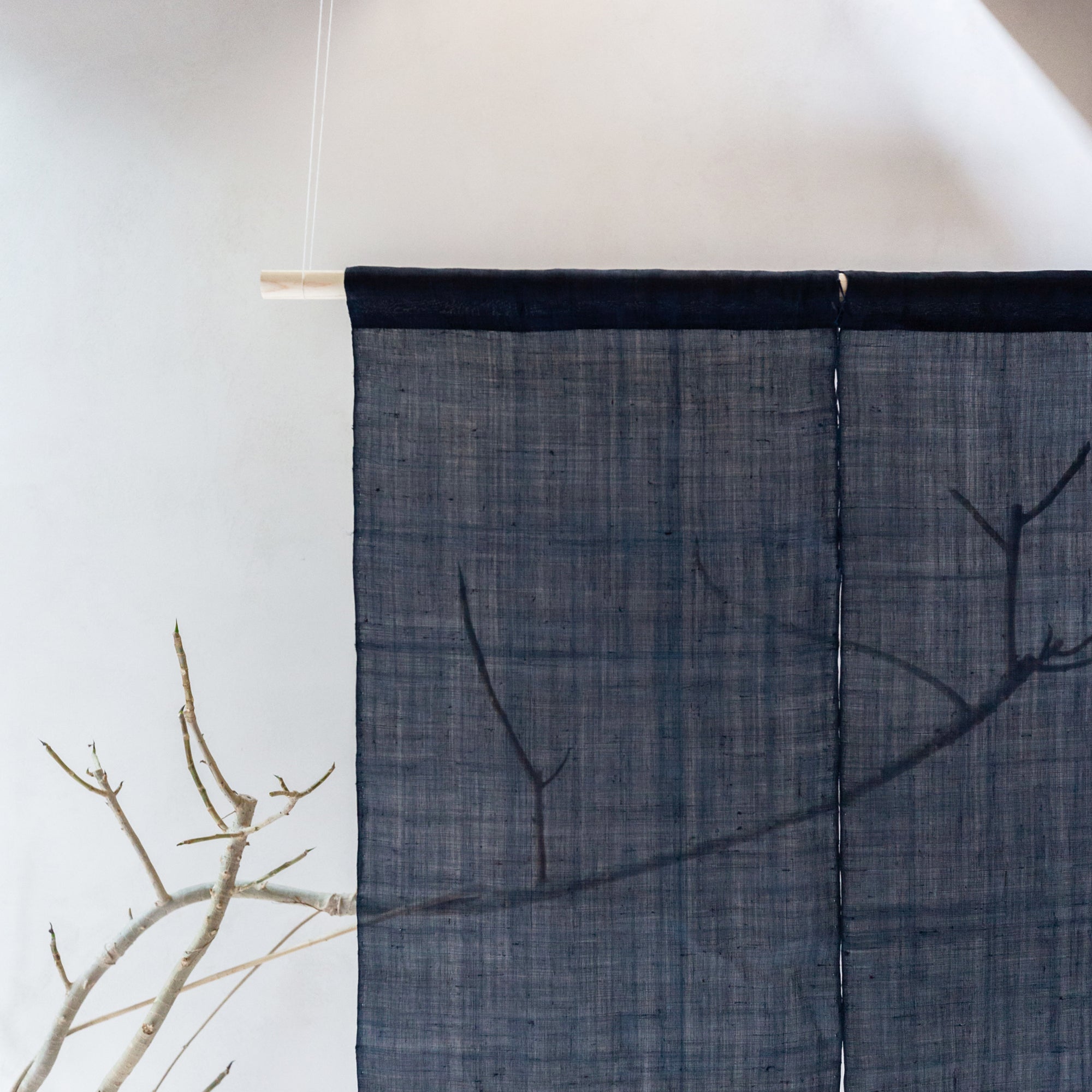 Japanese Style Noren Curtain - Natural Handwoven Linen - Natural Dyed Indigo - Golden Moon & Cherry Blossom shops Pattern - 59